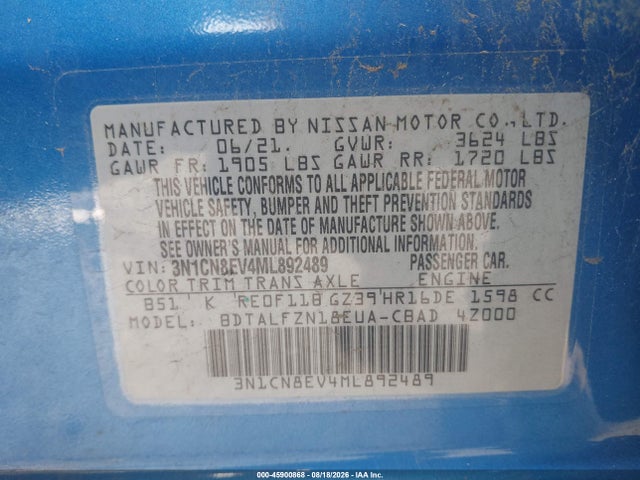 Продаж на аукціоні авто 2021 Nissan Versa Sv Xtronic Cvt, vin: 3N1CN8EV4ML892489, номер лоту: 45900868