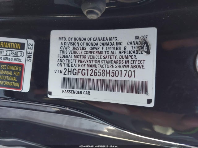 45900881 :رقم المزاد ، 2HGFG12658H501701 vin ، 2008 Honda Civic Lx مزاد بيع