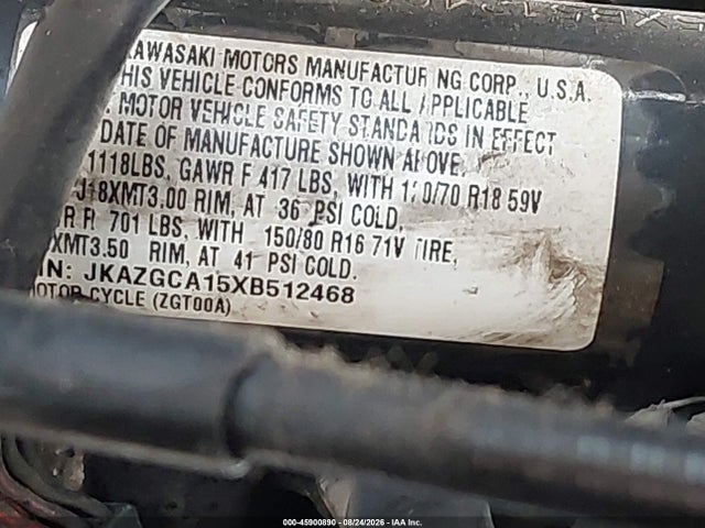 1999 Kawasaki Zg1000 მანქანა იყიდება აუქციონზე, vin: JKAZGCA15XB512468, აუქციონის ნომერი: 45900890