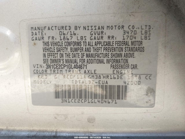 Nissan Versa Note S (sr)/s Plus/sl/sr/sv 2016 3N1CE2CP1GL404671 Image 9