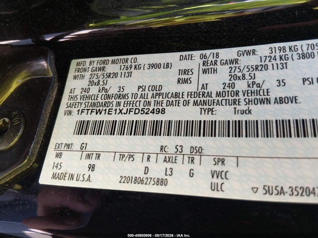 45900906 :رقم المزاد ، 1FTFW1E1XJFD52498 vin ، 2018 Ford F-150 Platinum مزاد بيع