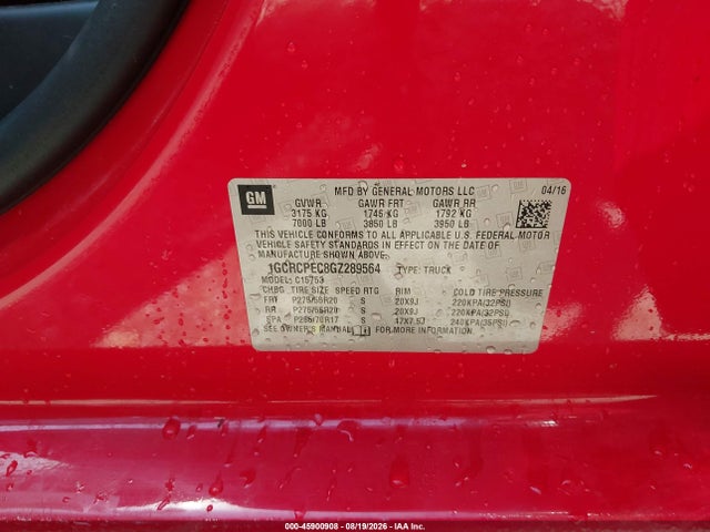 2016 Chevrolet Silverado 1500 Custom მანქანა იყიდება აუქციონზე, vin: 1GCRCPEC8GZ289564, აუქციონის ნომერი: 45900908