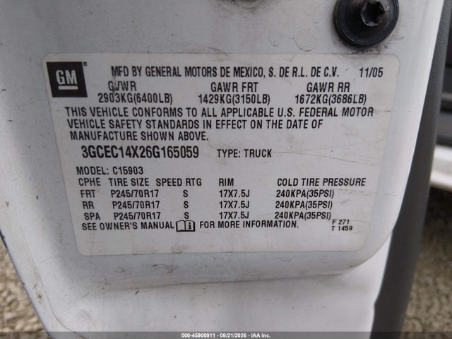 45900911 :رقم المزاد ، 3GCEC14X26G165059 vin ، 2006 Chevrolet Silverado 1500 Work Truck مزاد بيع