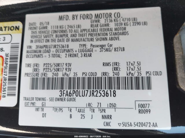 Продаж на аукціоні авто 2018 Ford Fusion Hybrid Se, vin: 3FA6P0LU7JR253618, номер лоту: 45900922