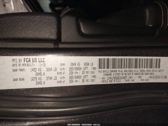 Aukcja sprzedaży 2016 Jeep Grand Cherokee Limited, vin: 1C4RJFBG6GC310437, numer aukcji: 45900925