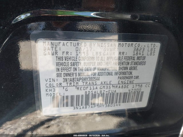 Продажа на аукционе авто 2017 Nissan Sentra S, vin: 3N1AB7AP9HY380544, номер лота: 45900939