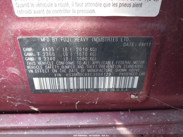 Aukcja sprzedaży 2012 Subaru Legacy 2.5i Premium, vin: 4S3BMBC68C3004129, numer aukcji: 45900942