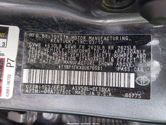 Aukcja sprzedaży 2013 Toyota Camry Se, vin: 4T1BF1FKXDU670591, numer aukcji: 45900945