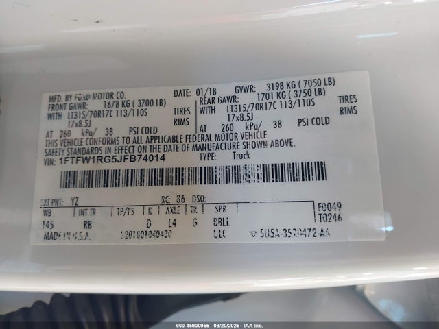 Aukcja sprzedaży 2018 Ford F-150 Raptor, vin: 1FTFW1RG5JFB74014, numer aukcji: 45900955
