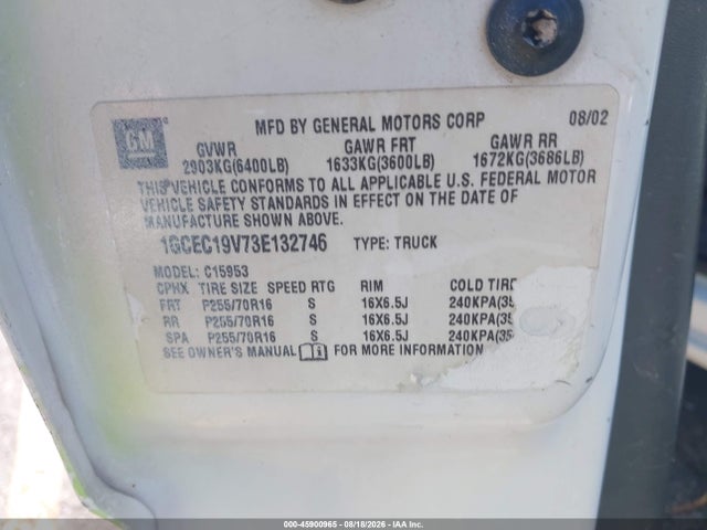 45900965 :رقم المزاد ، 1GCEC19V73E132746 vin ، 2003 Chevrolet Silverado 1500 مزاد بيع