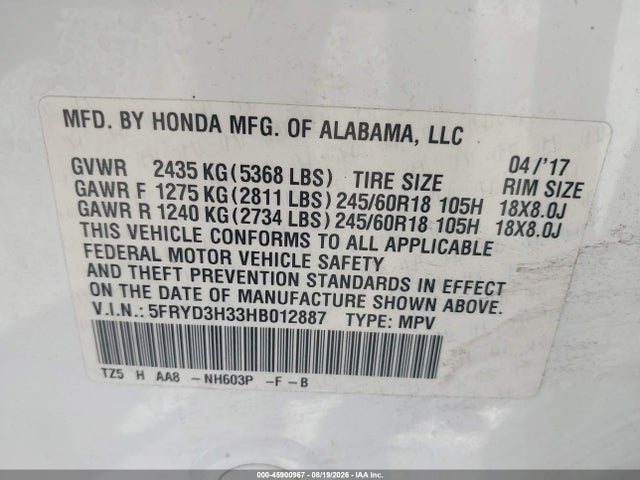 Aukcja sprzedaży 2017 Acura Mdx, vin: 5FRYD3H33HB012887, numer aukcji: 45900967