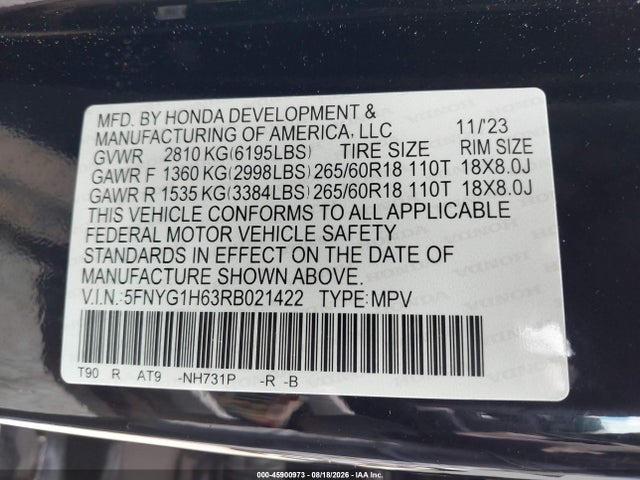 45900973 :رقم المزاد ، 5FNYG1H63RB021422 vin ، 2024 Honda Pilot Trailsport مزاد بيع
