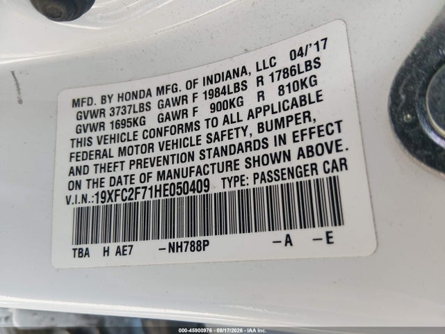 2017 Honda Civic Ex მანქანა იყიდება აუქციონზე, vin: 19XFC2F71HE050409, აუქციონის ნომერი: 45900976