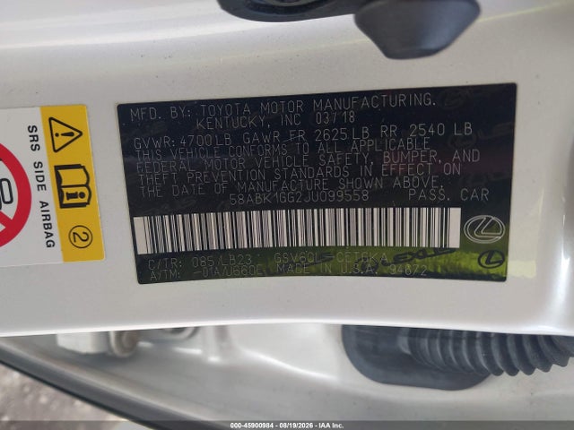 45900984 :رقم المزاد ، 58ABK1GG2JU099558 vin ، 2018 Lexus Es 350 مزاد بيع