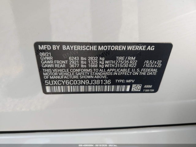 Продаж на аукціоні авто 2022 Bmw X6 Xdrive40i, vin: 5UXCY6C03N9J38136, номер лоту: 45900994