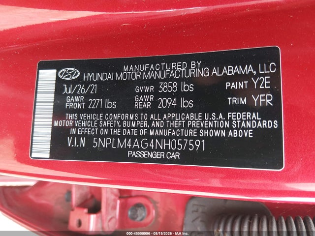 Aukcja sprzedaży 2022 Hyundai Elantra Sel, vin: 5NPLM4AG4NH057591, numer aukcji: 45900996