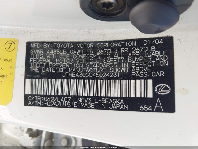 2004 Lexus Es 330 მანქანა იყიდება აუქციონზე, vin: JTHBA30G045024231, აუქციონის ნომერი: 45901012