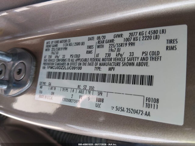 2020 Ford Escape Titanium Hybrid მანქანა იყიდება აუქციონზე, vin: 1FMCU0DZ2LUC09100, აუქციონის ნომერი: 45901025