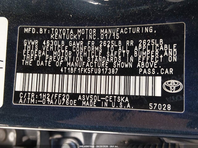 2015 Toyota Camry Se მანქანა იყიდება აუქციონზე, vin: 4T1BF1FK5FU917387, აუქციონის ნომერი: 45901046