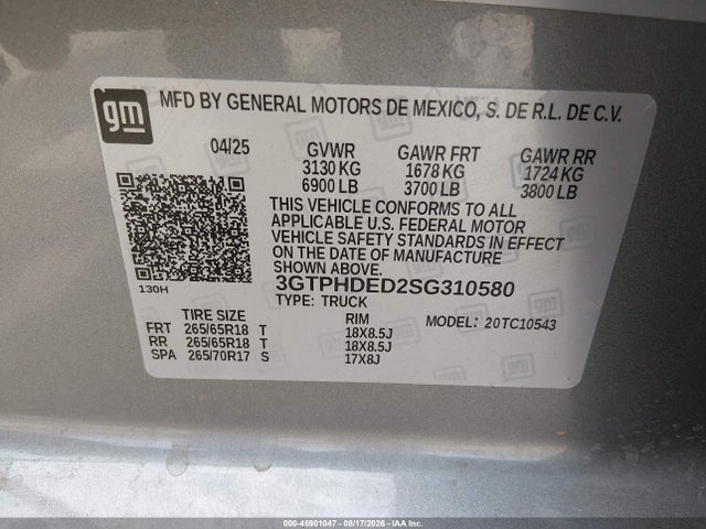 45901047 :رقم المزاد ، 3GTPHDED2SG310580 vin ، 2025 Gmc Sierra 1500 2wd  Short Box Slt مزاد بيع