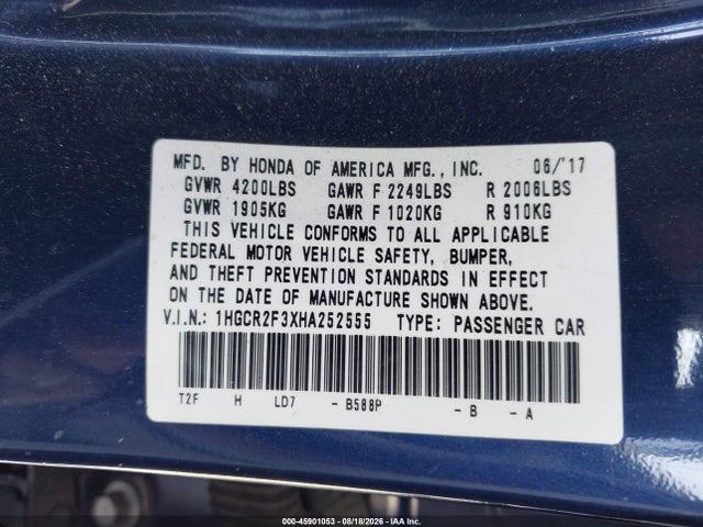 Honda ACCORD LX 2017 1HGCR2F3XHA252555 Image 9