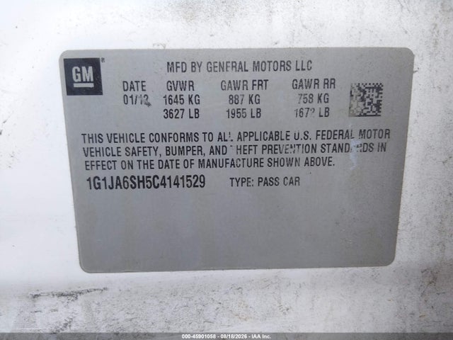 Auction sale of the 2012 Chevrolet Sonic 2ls, vin: 1G1JA6SH5C4141529, lot number: 45901058