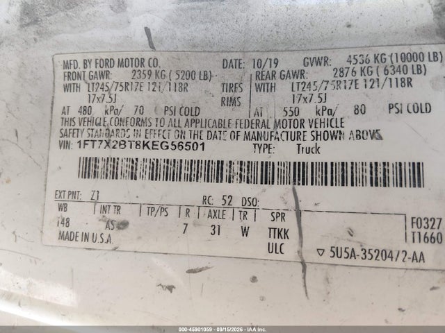 Продаж на аукціоні авто 2019 Ford F-250 Xl, vin: 1FT7X2BT8KEG56501, номер лоту: 45901059