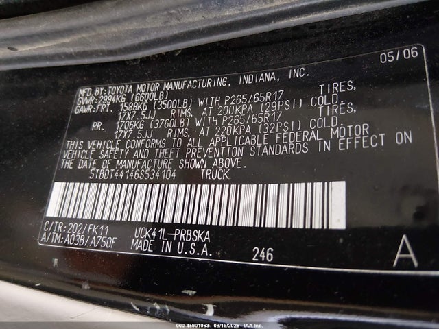 2006 Toyota Tundra Sr5 V8 მანქანა იყიდება აუქციონზე, vin: 5TBDT44146S534104, აუქციონის ნომერი: 45901063