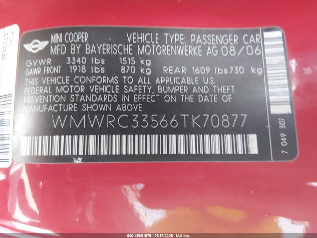 Продажа на аукционе авто 2006 Mini Cooper, vin: WMWRC33566TK70877, номер лота: 45901079