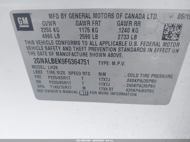 Chevrolet EQUINOX LT 2015 2GNALBEK9F6364751 Image 9