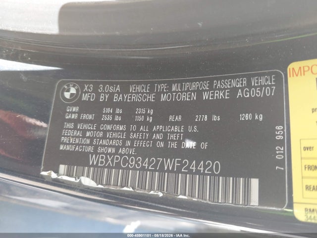 45901101 :رقم المزاد ، WBXPC93427WF24420 vin ، 2007 Bmw X3 3.0si مزاد بيع