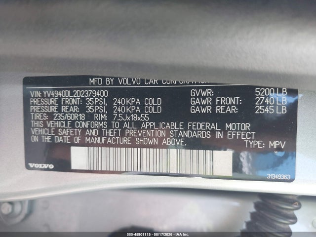 2013 Volvo Xc60 3.2/3.2 Platinum/3.2 Premier/3.2 Premier Plus მანქანა იყიდება აუქციონზე, vin: YV4940DL2D2379400, აუქციონის ნომერი: 45901115
