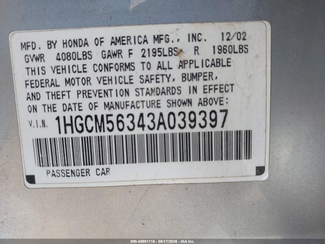 Aukcja sprzedaży 2003 Honda Accord 2.4 Lx, vin: 1HGCM56343A039397, numer aukcji: 45901116