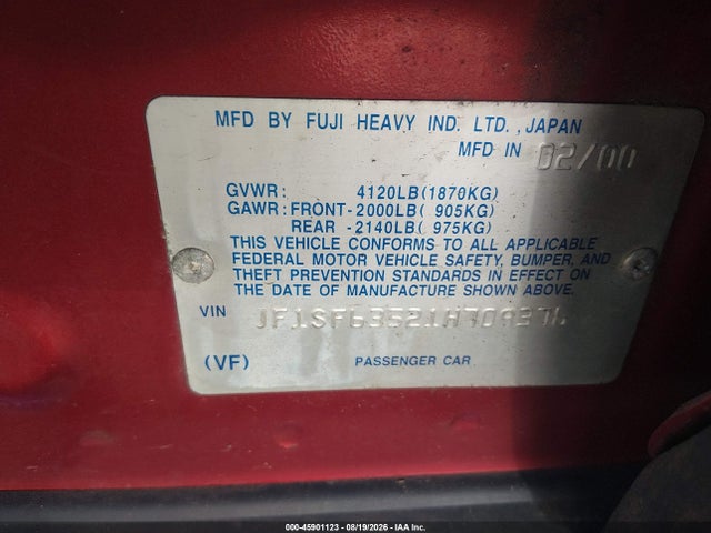 Продаж на аукціоні авто 2001 Subaru Forester L, vin: JF1SF63521H709376, номер лоту: 45901123
