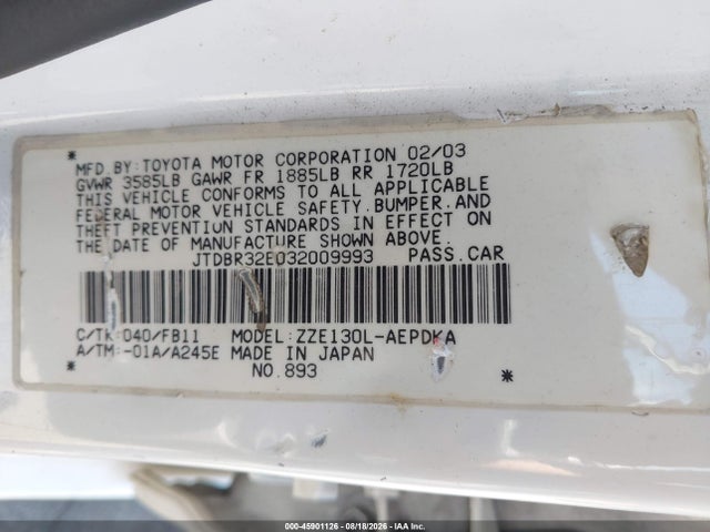 Aukcja sprzedaży 2003 Toyota Corolla Ce, vin: JTDBR32E032009993, numer aukcji: 45901126