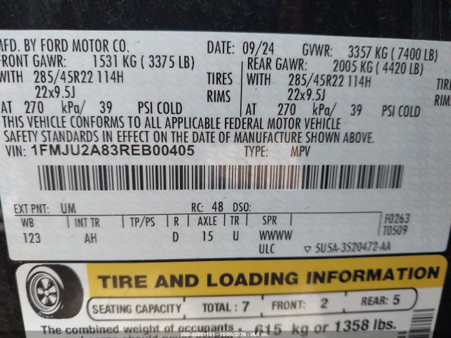 2024 Ford Expedition Limited მანქანა იყიდება აუქციონზე, vin: 1FMJU2A83REB00405, აუქციონის ნომერი: 45901151