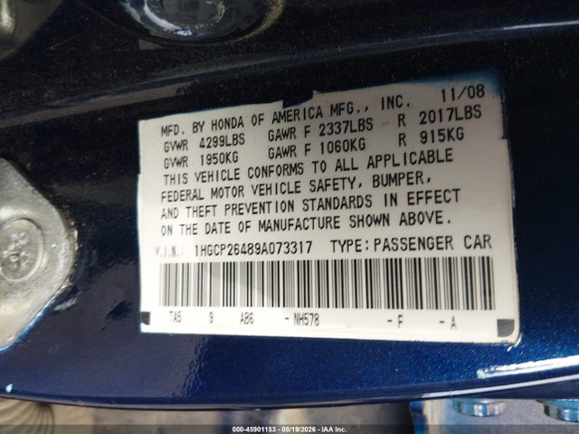 2009 Honda Accord 2.4 Lx-p მანქანა იყიდება აუქციონზე, vin: 1HGCP26489A073317, აუქციონის ნომერი: 45901153