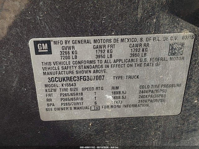 45901152 :رقم المزاد ، 3GCUKREC3FG307007 vin ، 2015 Chevrolet Silverado 1500 Lt مزاد بيع