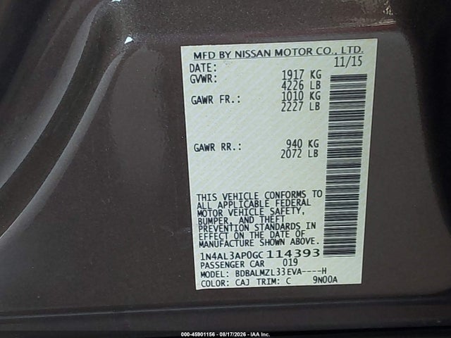 Продажа на аукционе авто 2016 Nissan Altima 2.5 Sv, vin: 1N4AL3AP0GC114393, номер лота: 45901156