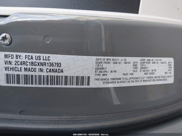 Aukcja sprzedaży 2022 Chrysler Pacifica Touring L, vin: 2C4RC1BGXNR136793, numer aukcji: 45901183
