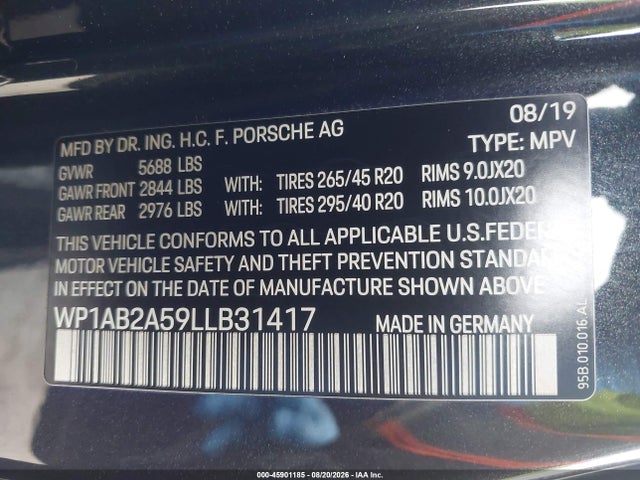 2020 Porsche Macan S მანქანა იყიდება აუქციონზე, vin: WP1AB2A59LLB31417, აუქციონის ნომერი: 45901185