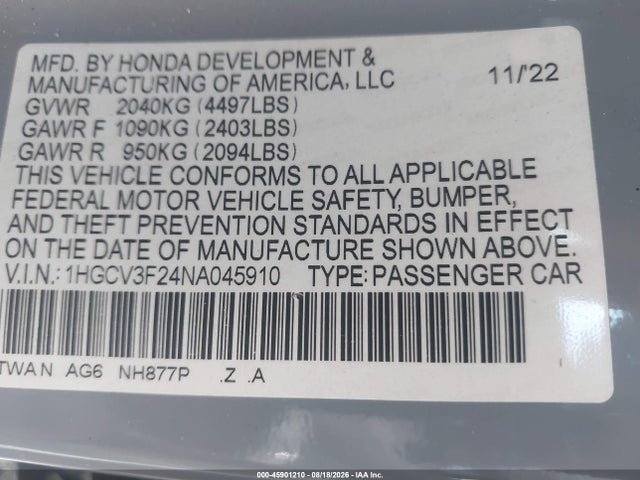2022 Honda Accord Hybrid Sport მანქანა იყიდება აუქციონზე, vin: 1HGCV3F24NA045910, აუქციონის ნომერი: 45901210