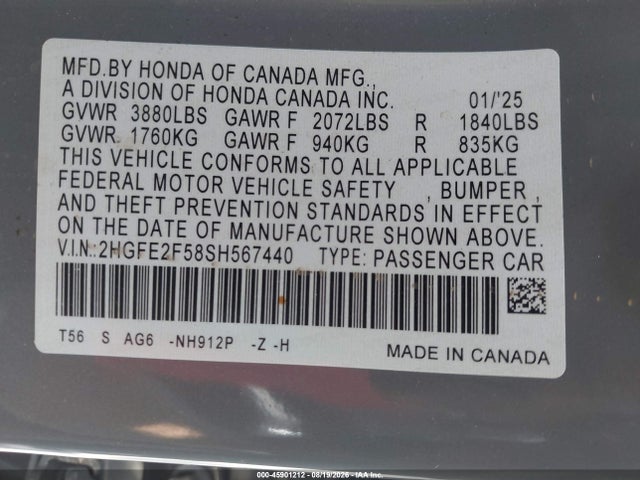 Honda Civic Sport 2025 2HGFE2F58SH567440 Image 9