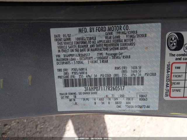 Aukcja sprzedaży 2007 Ford Fusion Se, vin: 3FAHP07117R260517, numer aukcji: 45901251