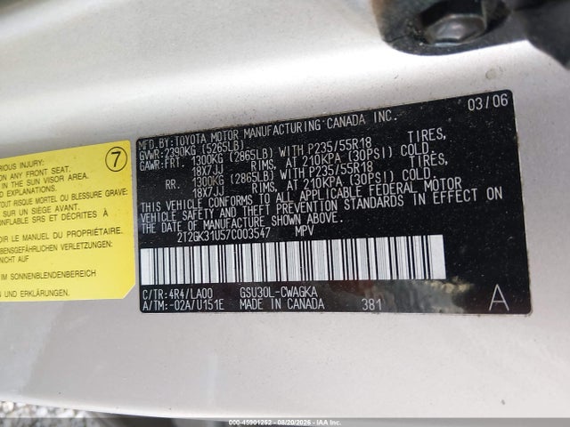 Продаж на аукціоні авто 2007 Lexus Rx 350, vin: 2T2GK31U57C003547, номер лоту: 45901252