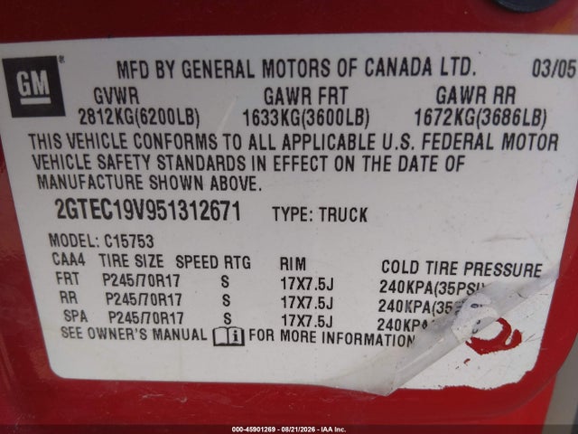 Aukcja sprzedaży 2005 Gmc Sierra 1500 Sle, vin: 2GTEC19V951312671, numer aukcji: 45901269