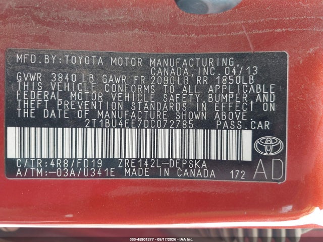 Aukcja sprzedaży 2013 Toyota Corolla S Special Edition, vin: 2T1BU4EE7DC072785, numer aukcji: 45901277