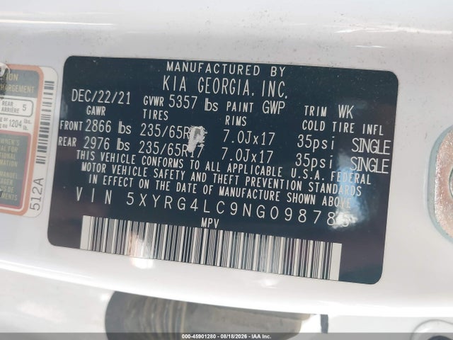 KIA SORENTO LX 2022 5XYRG4LC9NG098785 Image 9