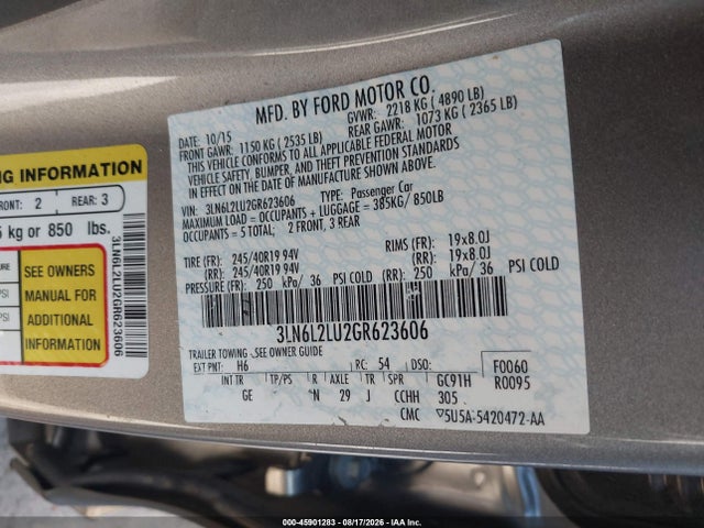 Продаж на аукціоні авто 2016 Lincoln Mkz Hybrid, vin: 3LN6L2LU2GR623606, номер лоту: 45901283