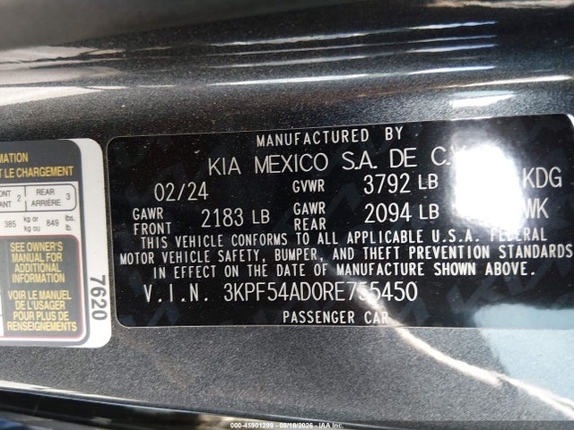 2024 Kia Forte Gt-line მანქანა იყიდება აუქციონზე, vin: 3KPF54AD0RE755450, აუქციონის ნომერი: 45901299